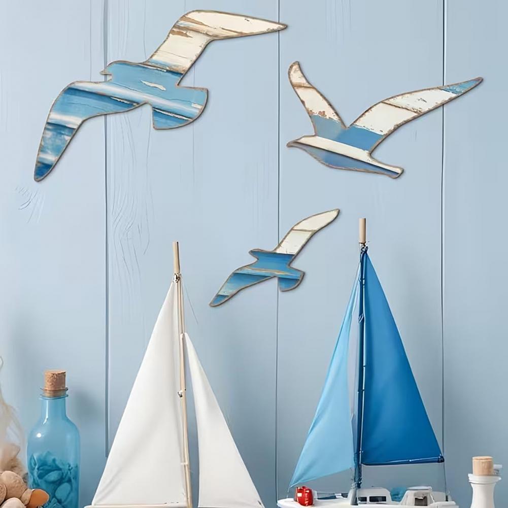 Home Decor Nautical - 3 Pcs Seagull Wall Decor Wooden