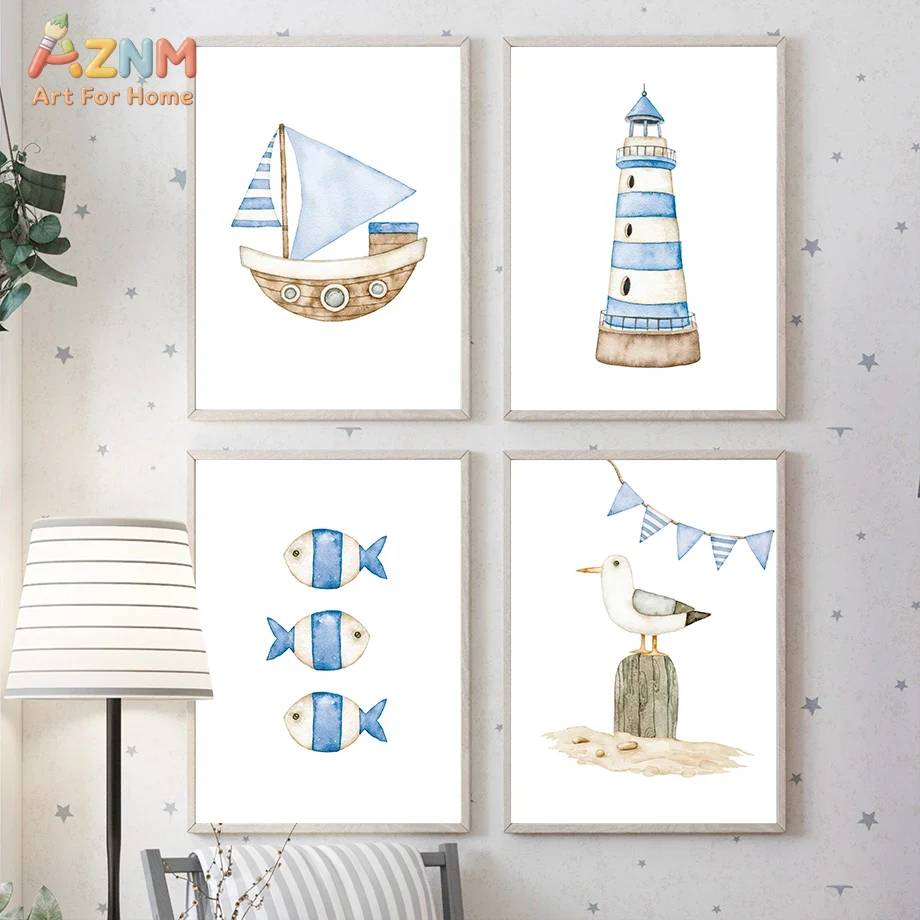 Home Decor Nautical - Sailboat Lighthouse Fish Nautical Nursery Posters